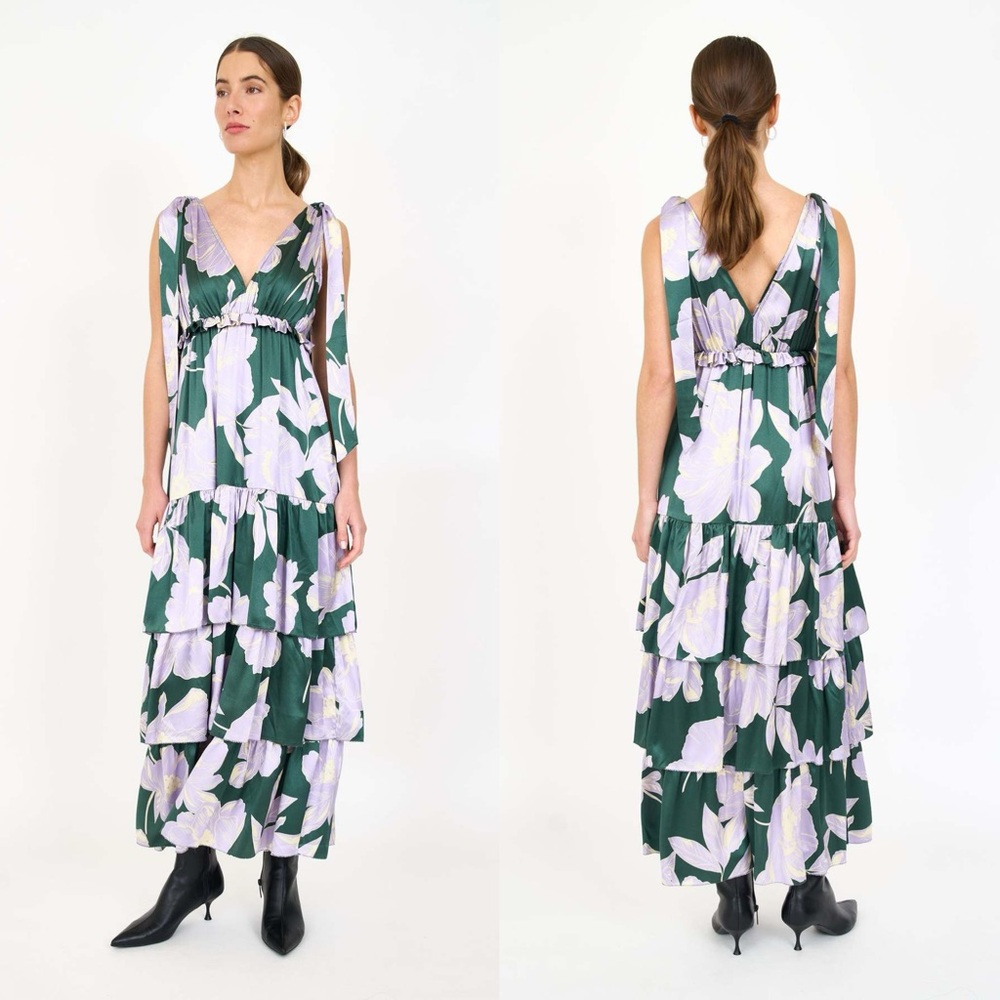 Christy Lynn Alexa Green Floral Tiered Ruffle Silk Midi Dress Medium
